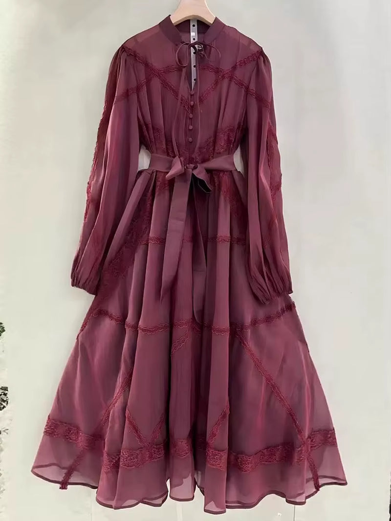 Retro 2026 Spring New V-Neck Fashion Design Sense Stitching Wood Ear Long-Sleeved Dress with Suspenders and Loose Fluffy Skirt W