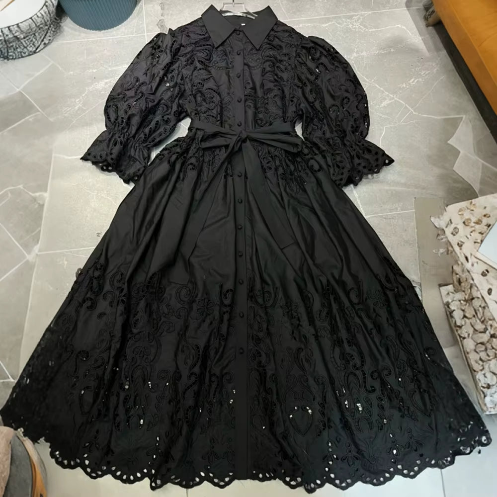 Solid Vacation Patchwork Hollow Dress for Women Lapel Midi Sleeves Spliced Lace up Casual Dresses Female Clothing Autumn New