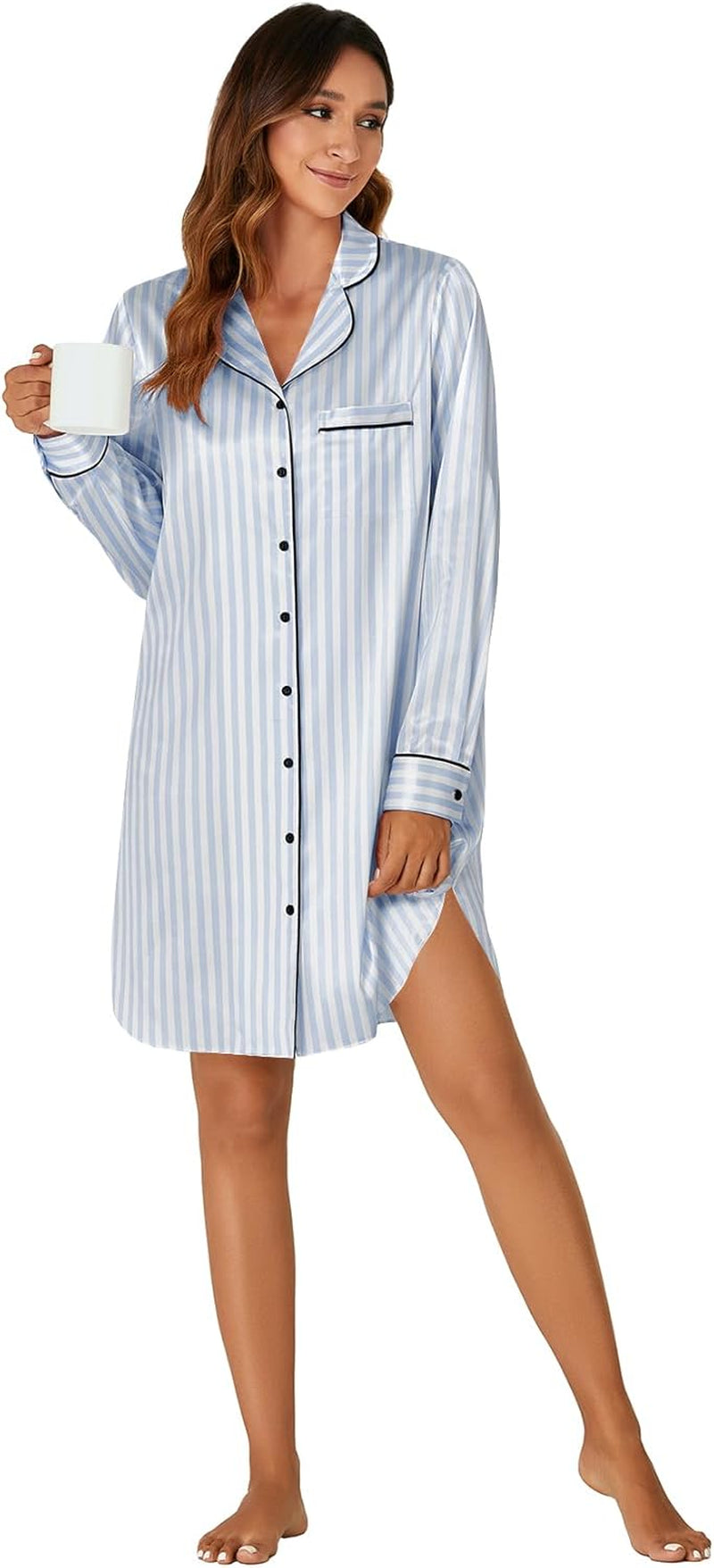 Women'S Silk Satin Striped Nightgown Button down Collar V Neck Long Sleeve Nightshirt Nightdress