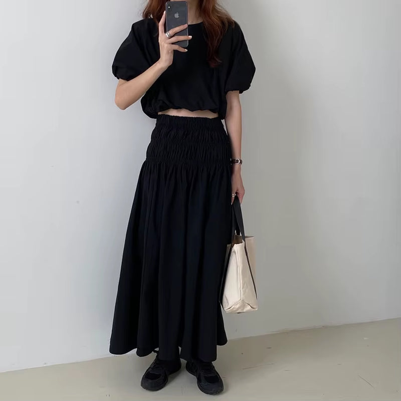 Oversized Summer Vintage 2 Two Piece Skirts Sets Women Outfits Puff Sleeve Crop Top and Elastic Waist Pleat Long A-Line Skirt