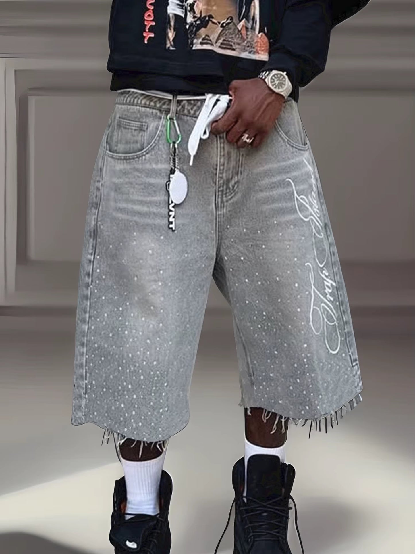 Men S Stylish Knee-Length Denim Shorts with Embroidered Logo and Rhinestone Detailing for Summer Casual Wear