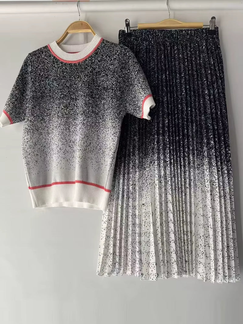 Elevate Your Spring/Summer Wardrobe with Our Chic Two-Piece Striped Knit Top and Flowing White Skirt Set