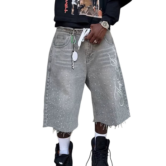 Men S Stylish Knee-Length Denim Shorts with Embroidered Logo and Rhinestone Detailing for Summer Casual Wear