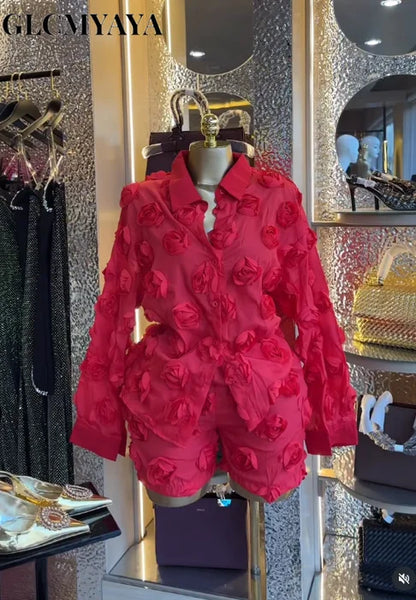 Street Fashion Women'S Set Rose Floral Long Sleeve Shirt and Shorts Suit 2026 Party Vacation Two 2 Piece Set Outfits
