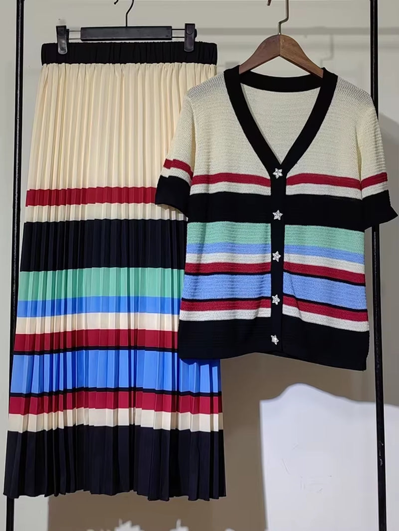 Elevate Your Spring/Summer Wardrobe with Our Chic Two-Piece Striped Knit Top and Flowing White Skirt Set