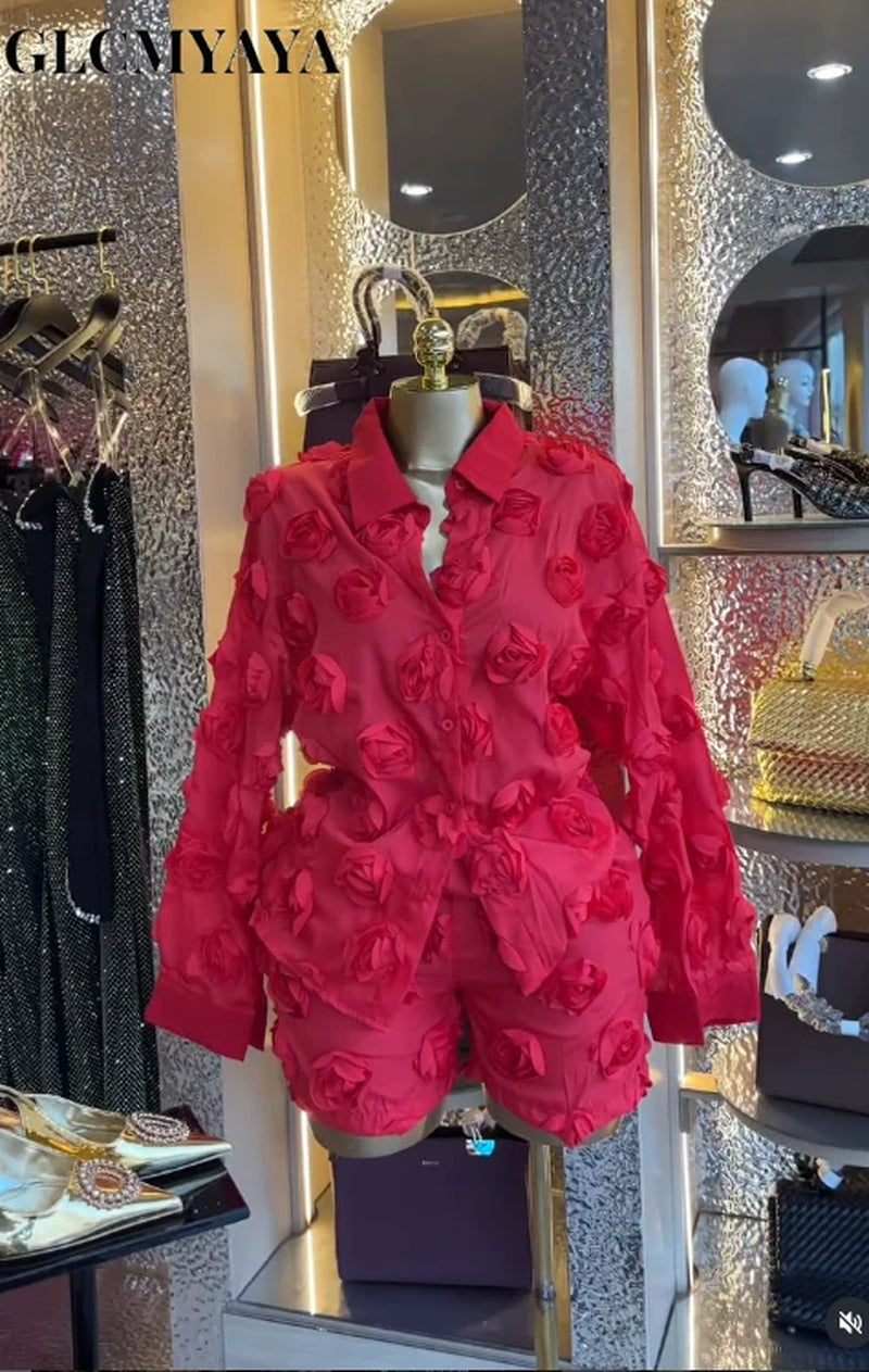 Street Fashion Women'S Set Rose Floral Long Sleeve Shirt and Shorts Suit 2026 Party Vacation Two 2 Piece Set Outfits