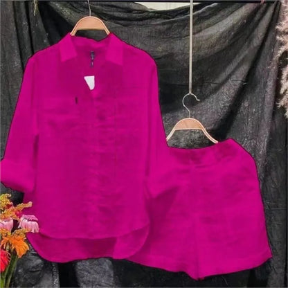 Summer Cotton Linen Casual Home 2 Piece Set for Women 2024 Fashion White Long Sleeve Shirt and Shorts Two Piece Sets Tracksuit