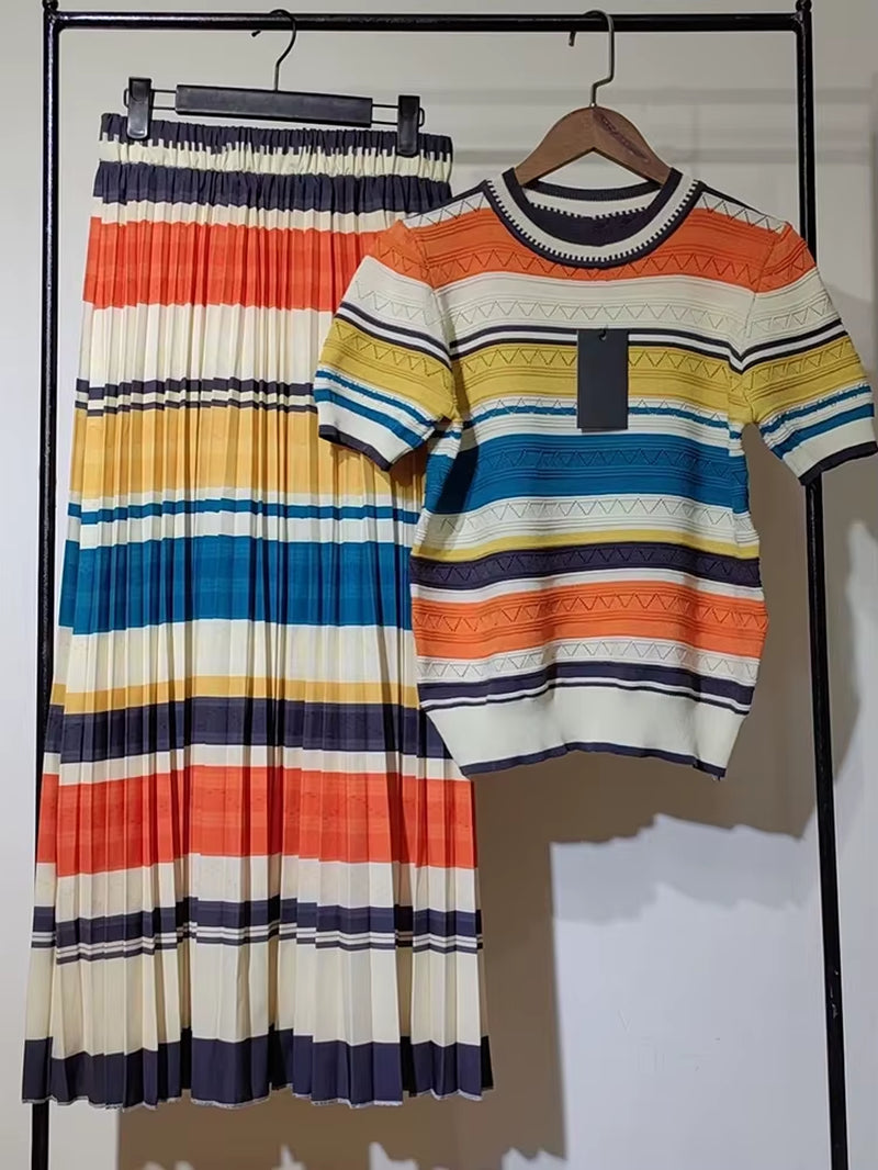 Elevate Your Spring/Summer Wardrobe with Our Chic Two-Piece Striped Knit Top and Flowing White Skirt Set