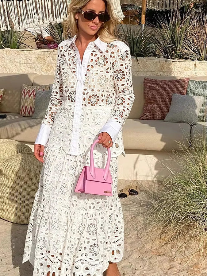 Spring Women Summer White Lace Dress Set Hollow Out Embroidery Shirt Skirt 2 Pcs Robe Outfits Single Breasting Cotton Maxi Dress