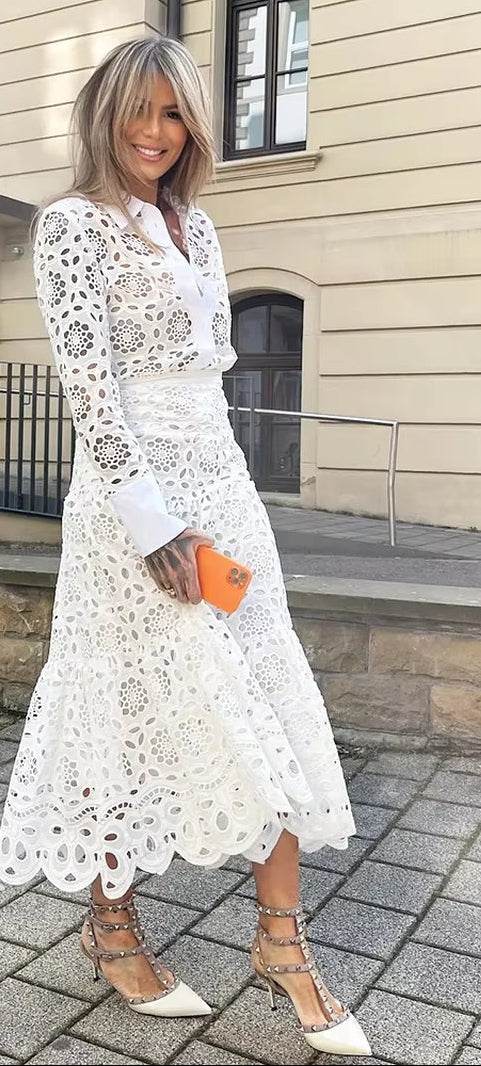 Spring Women Summer White Lace Dress Set Hollow Out Embroidery Shirt Skirt 2 Pcs Robe Outfits Single Breasting Cotton Maxi Dress