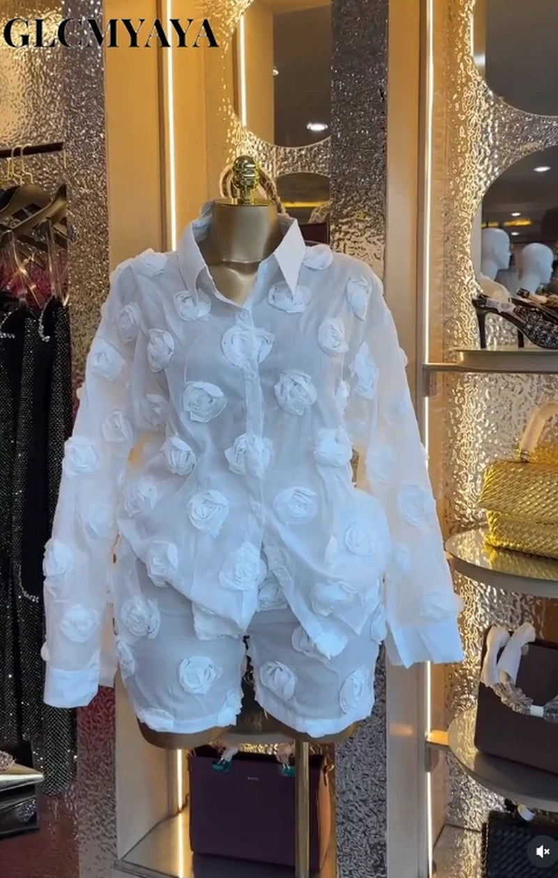 Street Fashion Women'S Set Rose Floral Long Sleeve Shirt and Shorts Suit 2026 Party Vacation Two 2 Piece Set Outfits