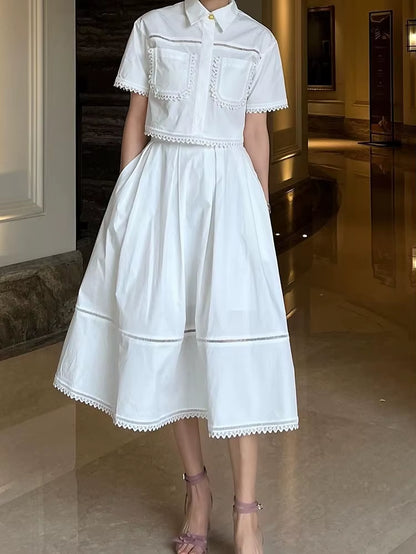 Elegant Two Piece Sets for Women Lapel Short Sleeve Tops High Waist a Line Pleated Skirts Solid Set Female Summer 2023