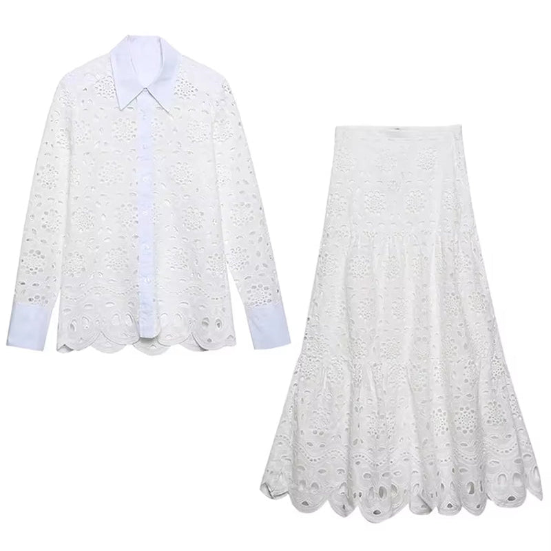 Spring Women Summer White Lace Dress Set Hollow Out Embroidery Shirt Skirt 2 Pcs Robe Outfits Single Breasting Cotton Maxi Dress