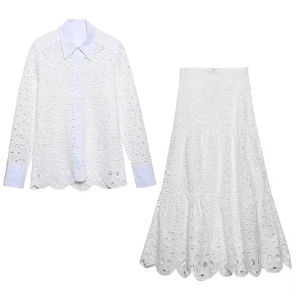 Spring Women Summer White Lace Dress Set Hollow Out Embroidery Shirt Skirt 2 Pcs Robe Outfits Single Breasting Cotton Maxi Dress