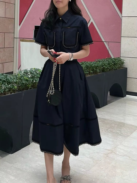 Elegant Two Piece Sets for Women Lapel Short Sleeve Tops High Waist a Line Pleated Skirts Solid Set Female Summer 2023