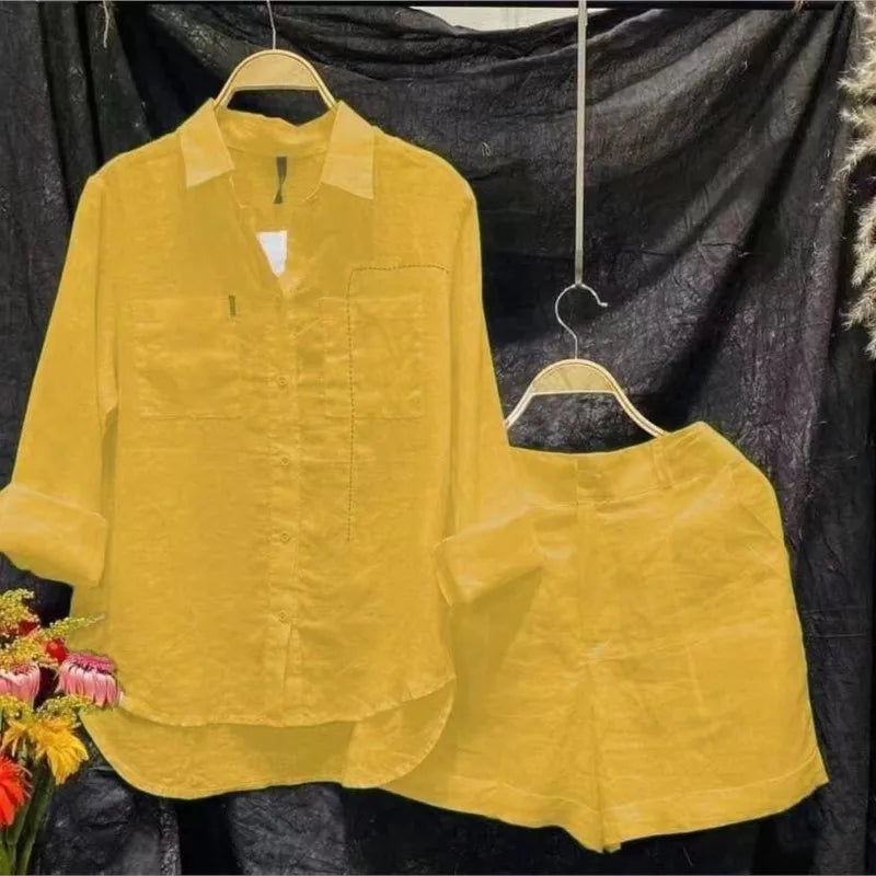 Summer Cotton Linen Casual Home 2 Piece Set for Women 2024 Fashion White Long Sleeve Shirt and Shorts Two Piece Sets Tracksuit