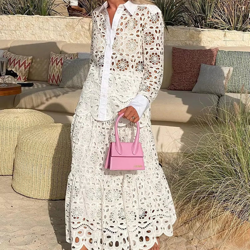 Spring Women Summer White Lace Dress Set Hollow Out Embroidery Shirt Skirt 2 Pcs Robe Outfits Single Breasting Cotton Maxi Dress
