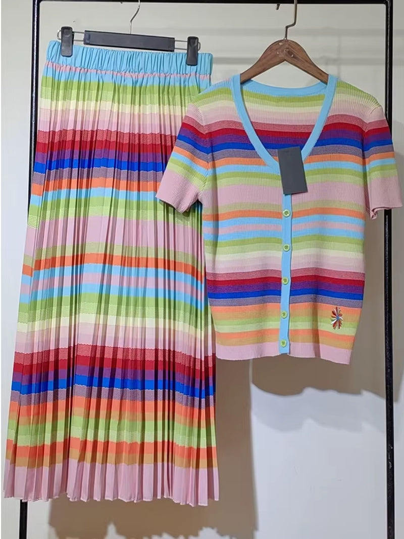 Elevate Your Spring/Summer Wardrobe with Our Chic Two-Piece Striped Knit Top and Flowing White Skirt Set