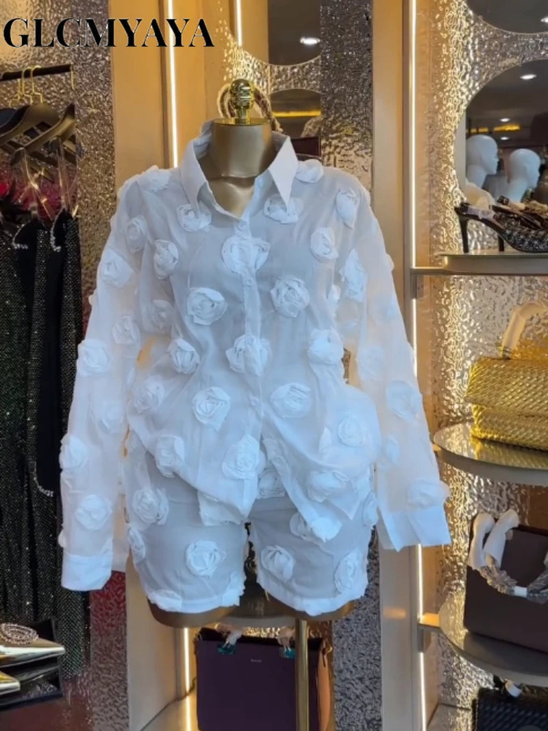 Street Fashion Women'S Set Rose Floral Long Sleeve Shirt and Shorts Suit 2026 Party Vacation Two 2 Piece Set Outfits