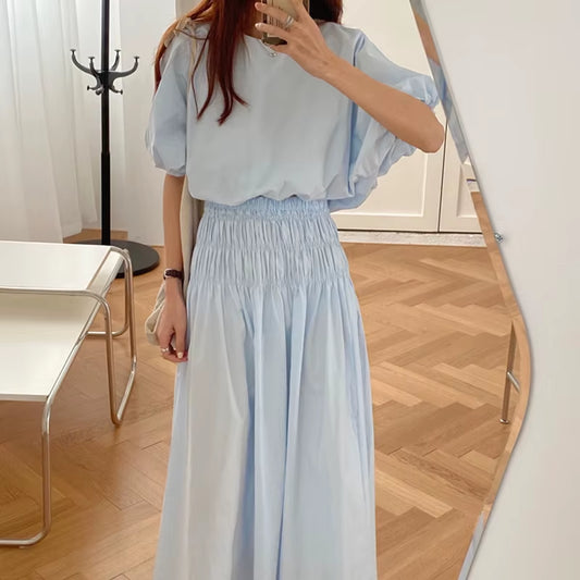 Oversized Summer Vintage 2 Two Piece Skirts Sets Women Outfits Puff Sleeve Crop Top and Elastic Waist Pleat Long A-Line Skirt