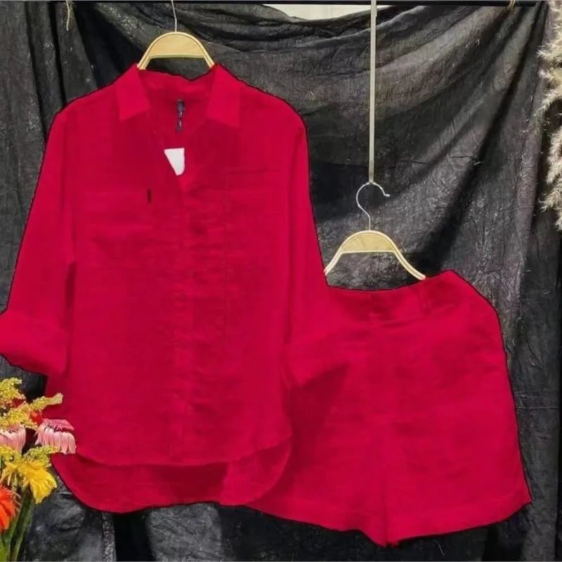 Summer Cotton Linen Casual Home 2 Piece Set for Women 2024 Fashion White Long Sleeve Shirt and Shorts Two Piece Sets Tracksuit