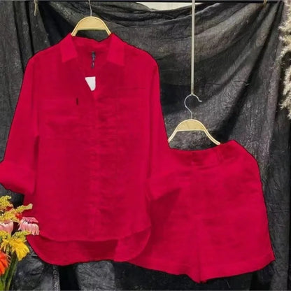 Summer Cotton Linen Casual Home 2 Piece Set for Women 2024 Fashion White Long Sleeve Shirt and Shorts Two Piece Sets Tracksuit