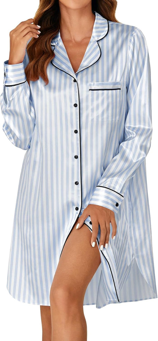 Women'S Silk Satin Striped Nightgown Button down Collar V Neck Long Sleeve Nightshirt Nightdress