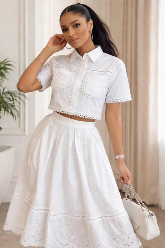 Elegant Two Piece Sets for Women 2025 Summer Lapel Beading Short Sleeve Tops High Waist a Line Pleated Skirts Suit Female