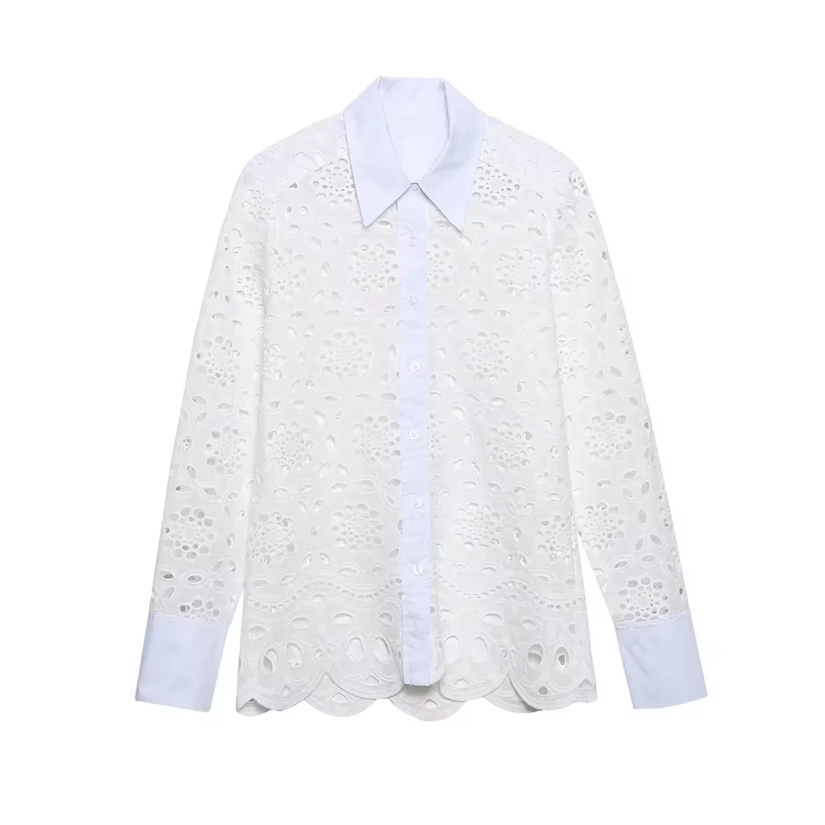 Spring Women Summer White Lace Dress Set Hollow Out Embroidery Shirt Skirt 2 Pcs Robe Outfits Single Breasting Cotton Maxi Dress