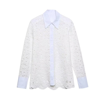 Spring Women Summer White Lace Dress Set Hollow Out Embroidery Shirt Skirt 2 Pcs Robe Outfits Single Breasting Cotton Maxi Dress
