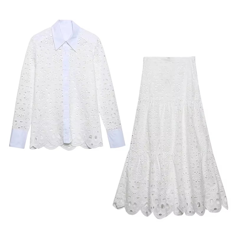 Spring Women Summer White Lace Dress Set Hollow Out Embroidery Shirt Skirt 2 Pcs Robe Outfits Single Breasting Cotton Maxi Dress