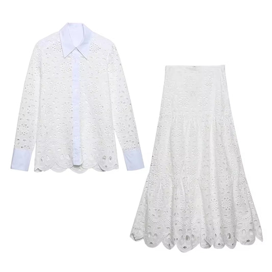 Spring Women Summer White Lace Dress Set Hollow Out Embroidery Shirt Skirt 2 Pcs Robe Outfits Single Breasting Cotton Maxi Dress