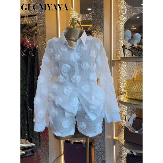 Street Fashion Women'S Set Rose Floral Long Sleeve Shirt and Shorts Suit 2026 Party Vacation Two 2 Piece Set Outfits