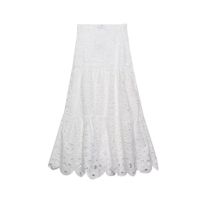Spring Women Summer White Lace Dress Set Hollow Out Embroidery Shirt Skirt 2 Pcs Robe Outfits Single Breasting Cotton Maxi Dress