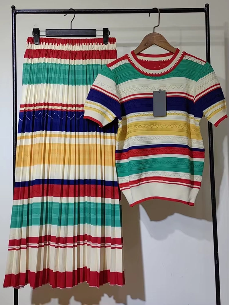 Elevate Your Spring/Summer Wardrobe with Our Chic Two-Piece Striped Knit Top and Flowing White Skirt Set