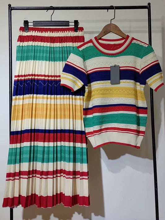 Elevate Your Spring/Summer Wardrobe with Our Chic Two-Piece Striped Knit Top and Flowing White Skirt Set
