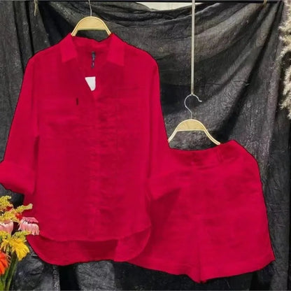 Summer Cotton Linen Casual Home 2 Piece Set for Women 2024 Fashion White Long Sleeve Shirt and Shorts Two Piece Sets Tracksuit