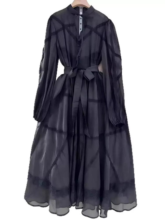 Retro 2026 Spring New V-Neck Fashion Design Sense Stitching Wood Ear Long-Sleeved Dress with Suspenders and Loose Fluffy Skirt W