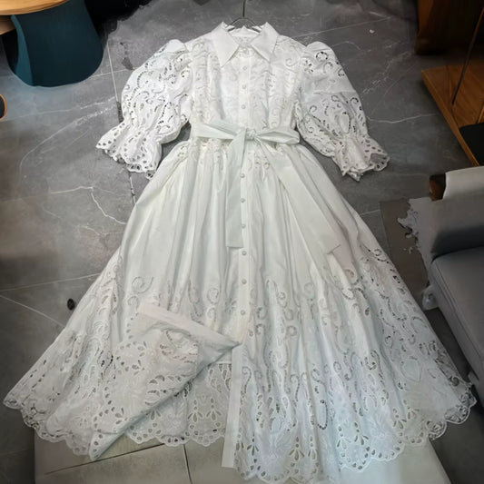 Solid Vacation Patchwork Hollow Dress for Women Lapel Midi Sleeves Spliced Lace up Casual Dresses Female Clothing Autumn New