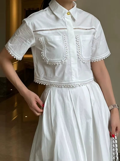 Elegant Two Piece Sets for Women 2025 Summer Lapel Beading Short Sleeve Tops High Waist a Line Pleated Skirts Suit Female